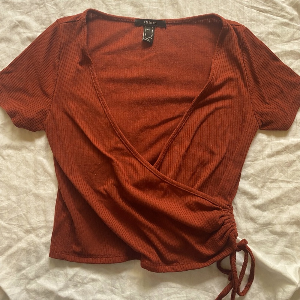 red ribbed wrap shirt
